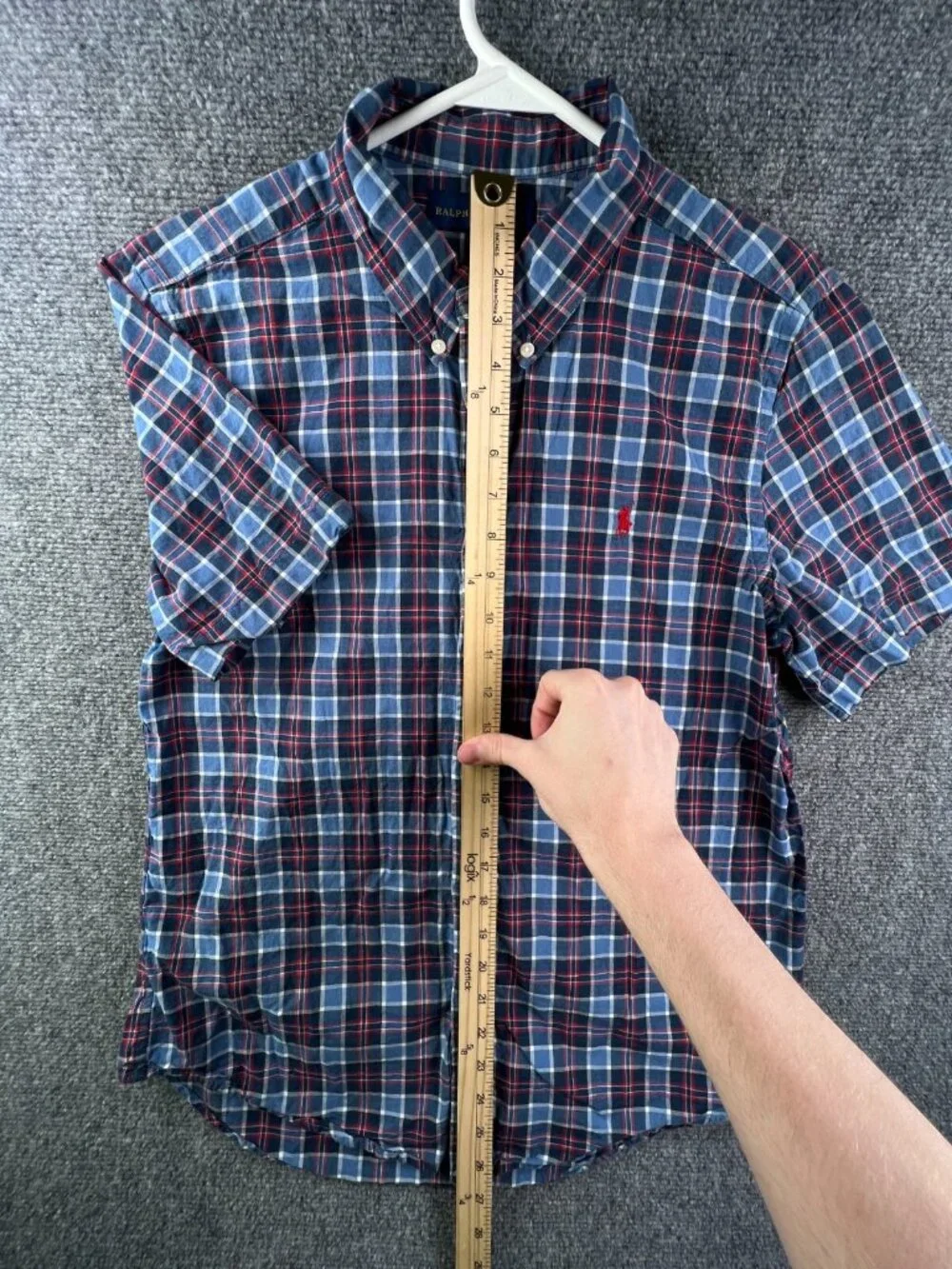 Ralph Lauren Boys Button Up Shirt Short Sleeve Blue Red Plaid XL 18-20 Cotton